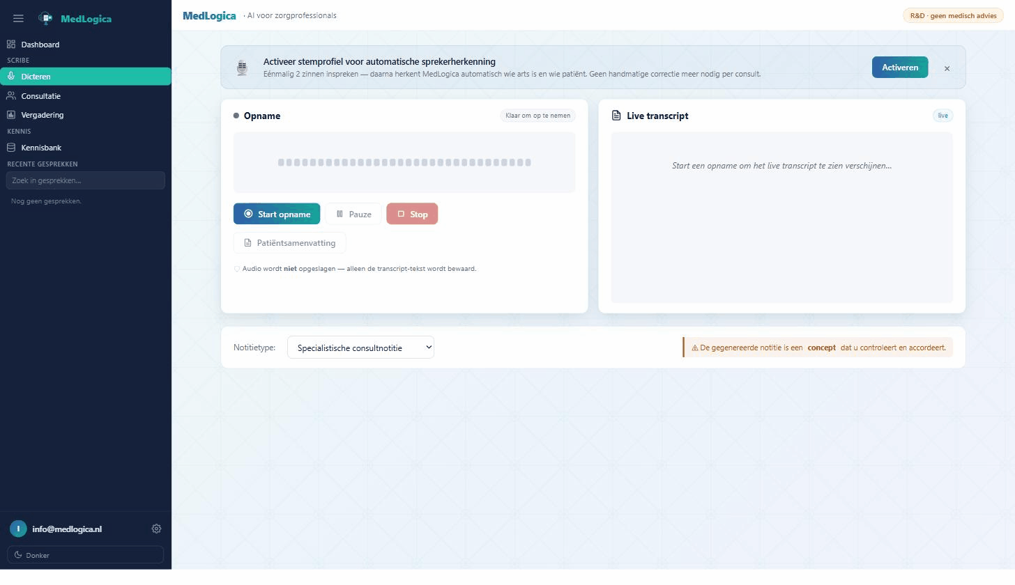 MedLogica Scribe — opname met live transcript en concept-notitie