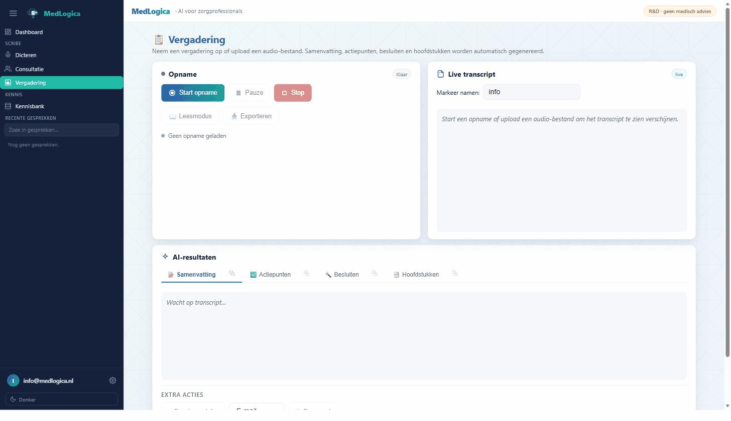 MedLogica Vergadering — live transcript met automatisch verslag, actiepunten en besluiten